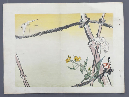 1913, Japanese Woodblock print, antique, Ichimi Renjo, "Butterflies Among Rapeseed Blossoms".