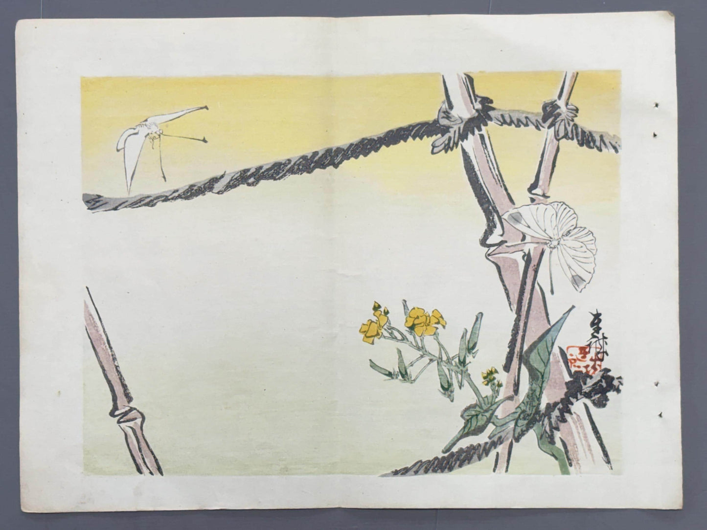 1913, Japanese Woodblock print,  Ichimi Renjo, "Butterflies Among Rapeseed Blossoms".