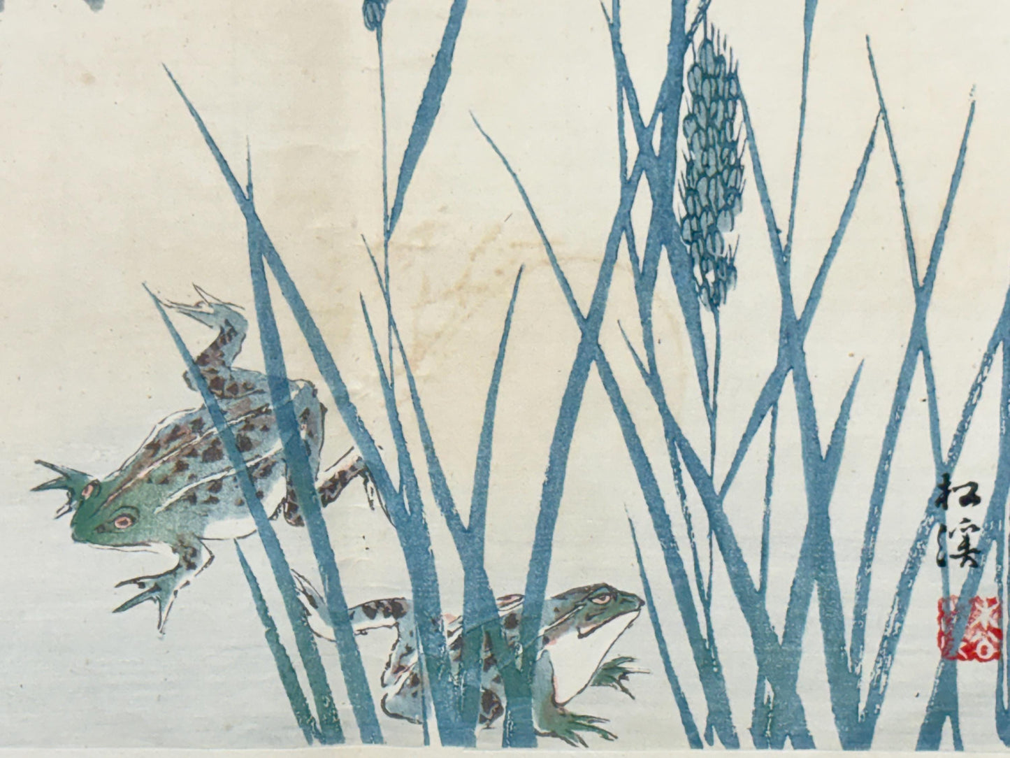 1913, Japanese Woodblock print, antique, Yamada Shokei, "Two Frogs in Summer Rice Fields.