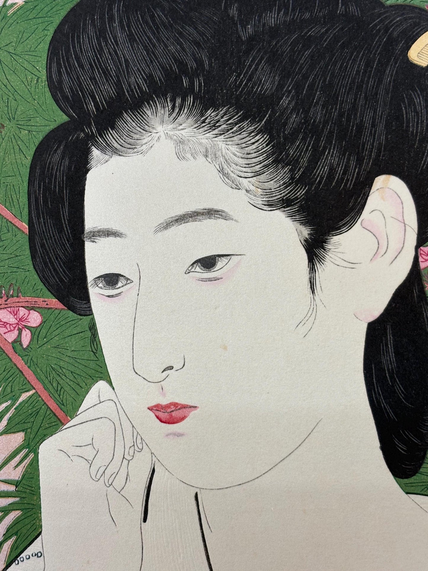Japanese Ukiyoe, Shin-hanga, Woodblock print, antique, Hashiguchi Goyo, "Woman Standing Before a Blossoming Peach Tree"