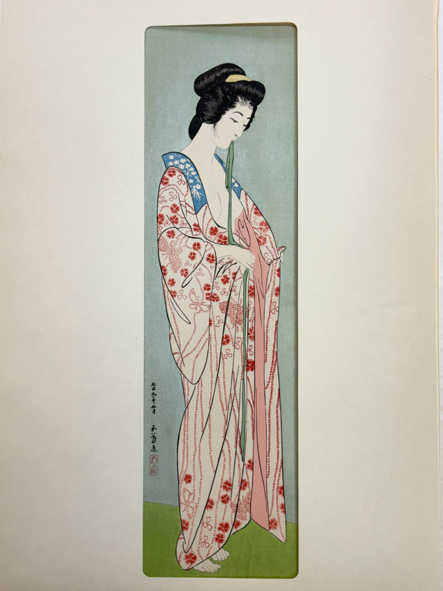 Japanese Ukiyoe, Shin-hanga, Woodblock print, antique, Hashiguchi Goyo, "Woman Dressing- Woman in a Long Undergarment"