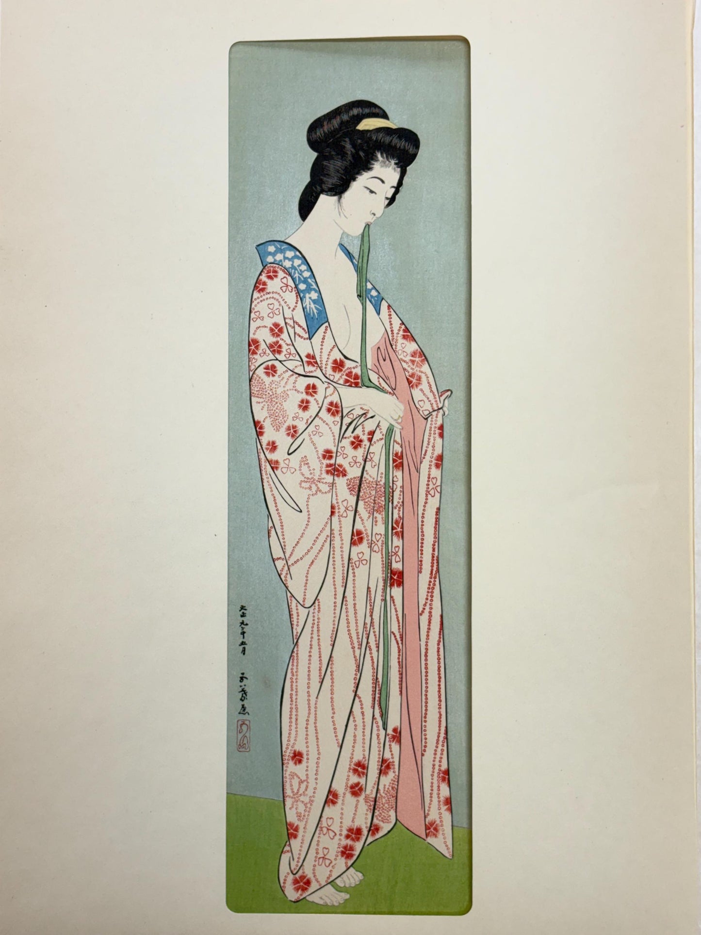 Japanese Ukiyoe, Shin-hanga, Woodblock print, Hashiguchi Goyo, "Woman Dressing- Woman in a Long Undergarment"