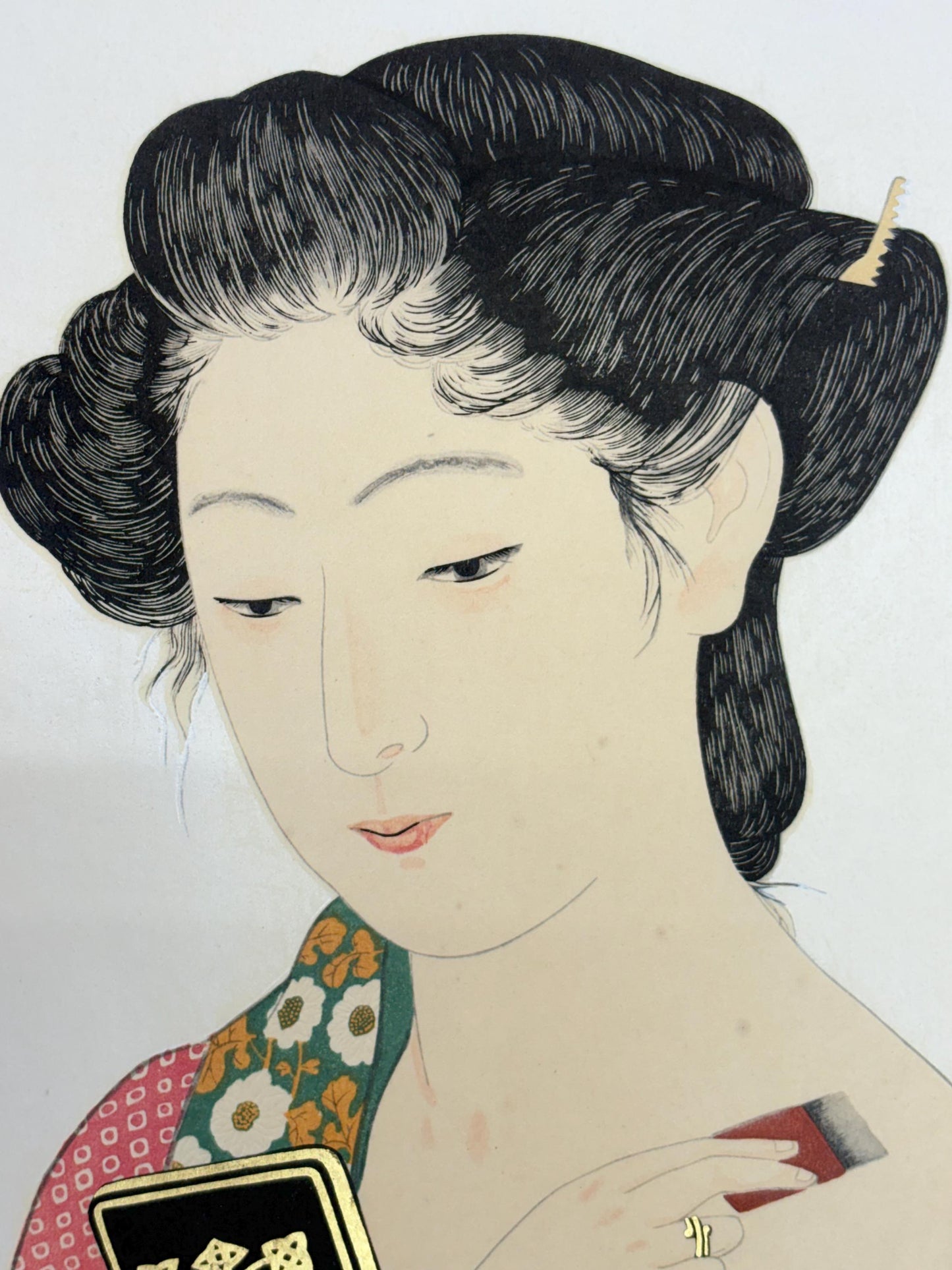 Japanese Ukiyoe, Shin-hanga, Woodblock print, antique, Hashiguchi Goyo, "Woman Applying Makeup- Kesho no Onna"