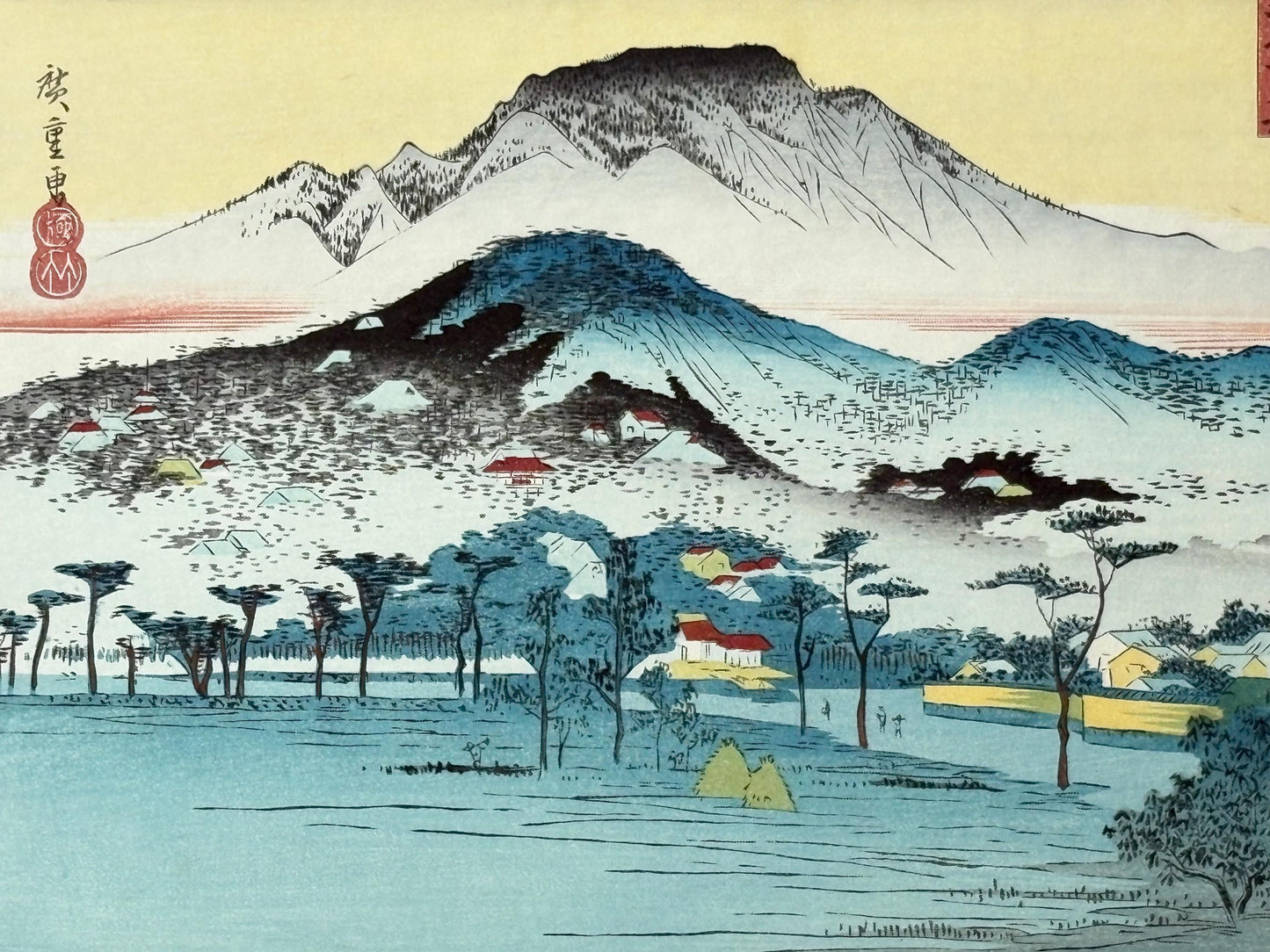 Japanese Ukiyoe, Woodblock print, antique, Hiroshige, "Evening Bell at Mii-dera Temple"