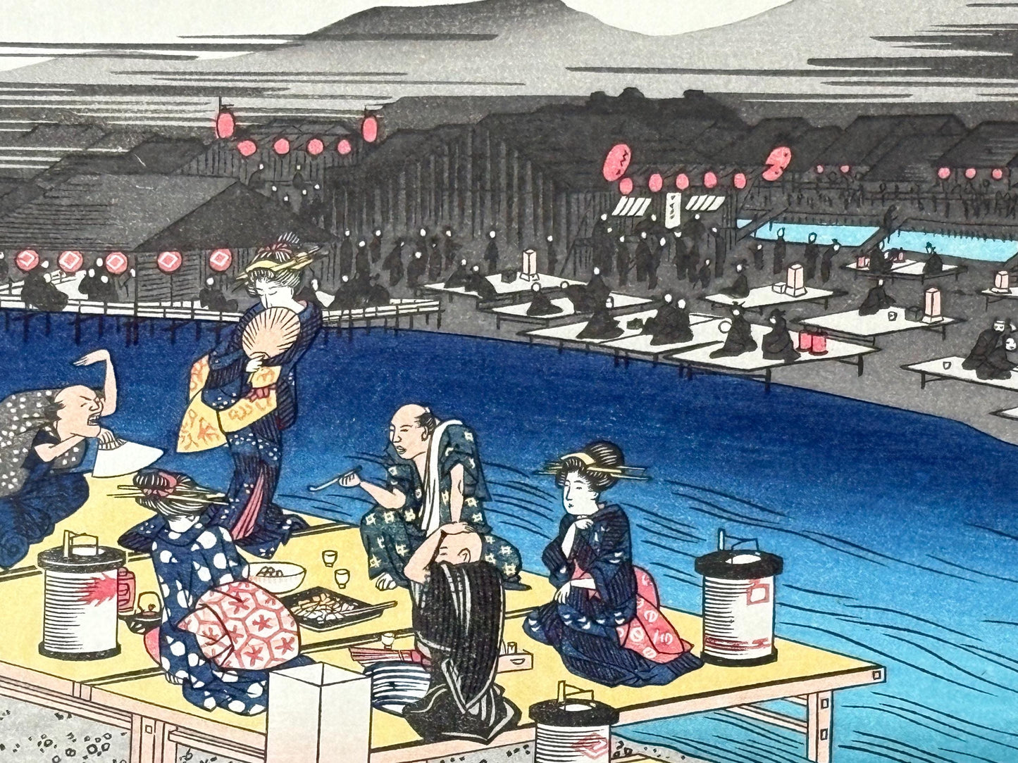Japanese Ukiyoe, Woodblock print, antique, Hiroshige, "Enjoying the Cool of Evening on the Riverbed at Shijô"