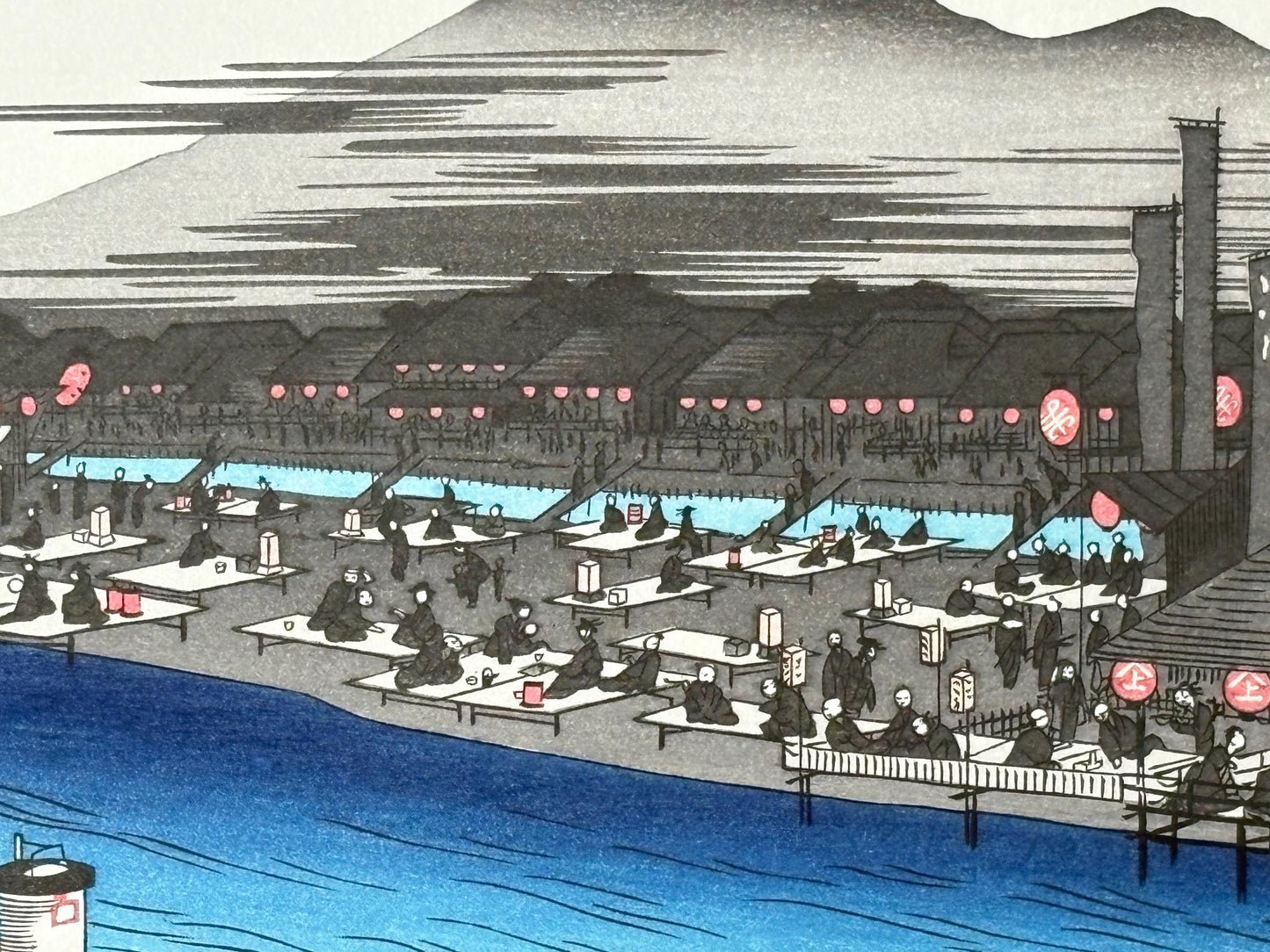 Japanese Ukiyoe, Woodblock print, antique, Hiroshige, "Enjoying the Cool of Evening on the Riverbed at Shijô"
