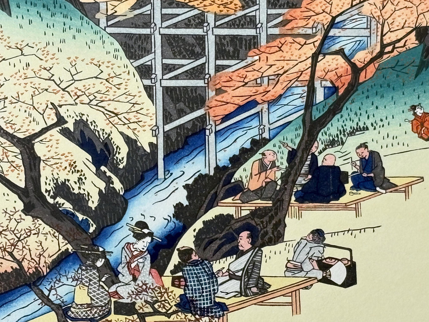 Japanese Ukiyoe, Woodblock print, antique, Hiroshige, "Red Maple Trees at the Tsûtenkyô Bridge"