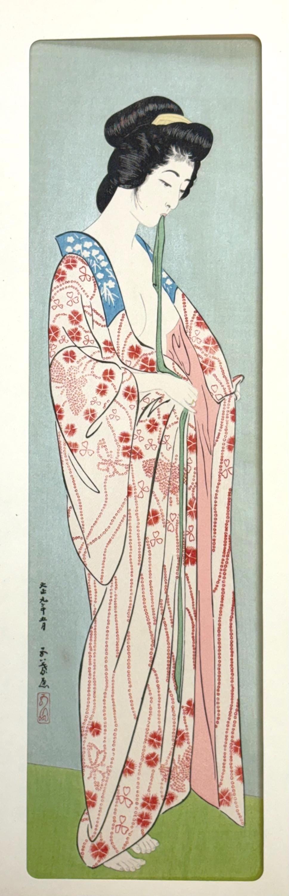 Japanese Ukiyoe, Shin-hanga, Woodblock print, antique, Hashiguchi Goyo, "Woman Dressing- Woman in a Long Undergarment"