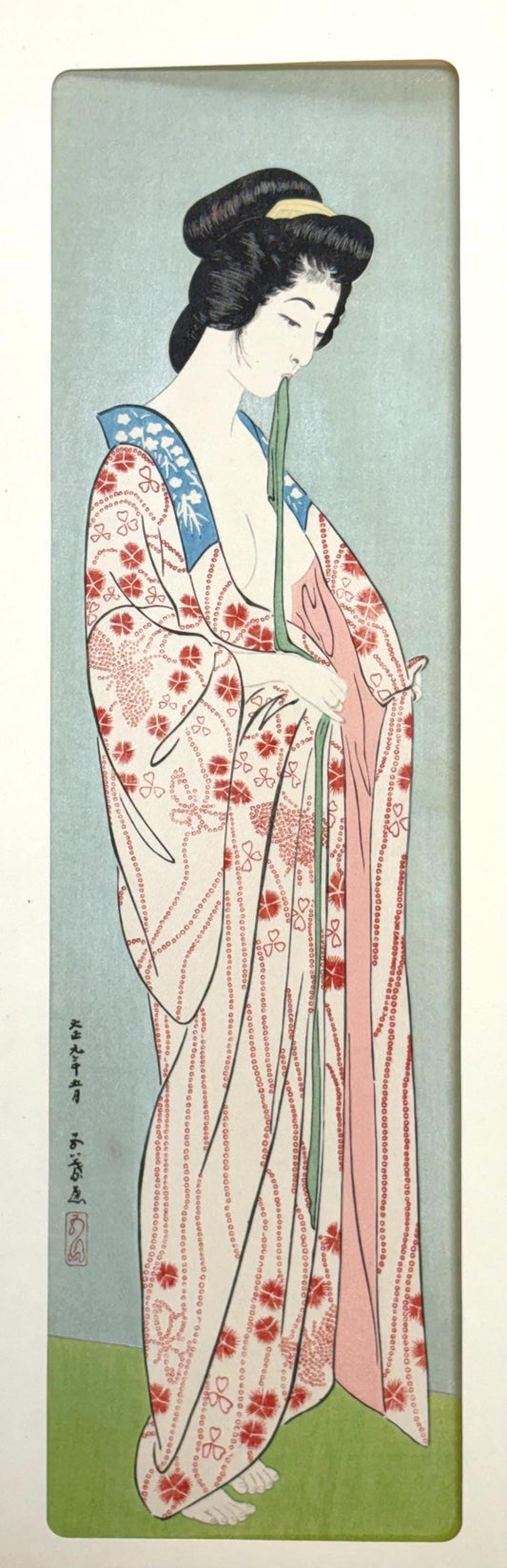 Japanese Ukiyoe, Shin-hanga, Woodblock print, antique, Hashiguchi Goyo, "Woman Dressing- Woman in a Long Undergarment"