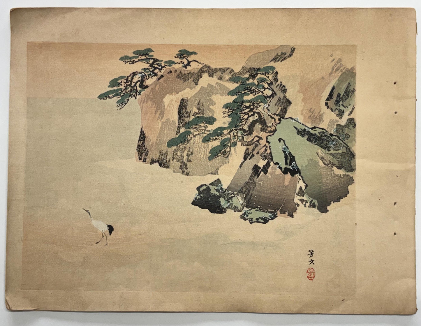 1908,  Japanese Woodblock print, antique, Kikuchi Hobun, "blue sea and white cranes".