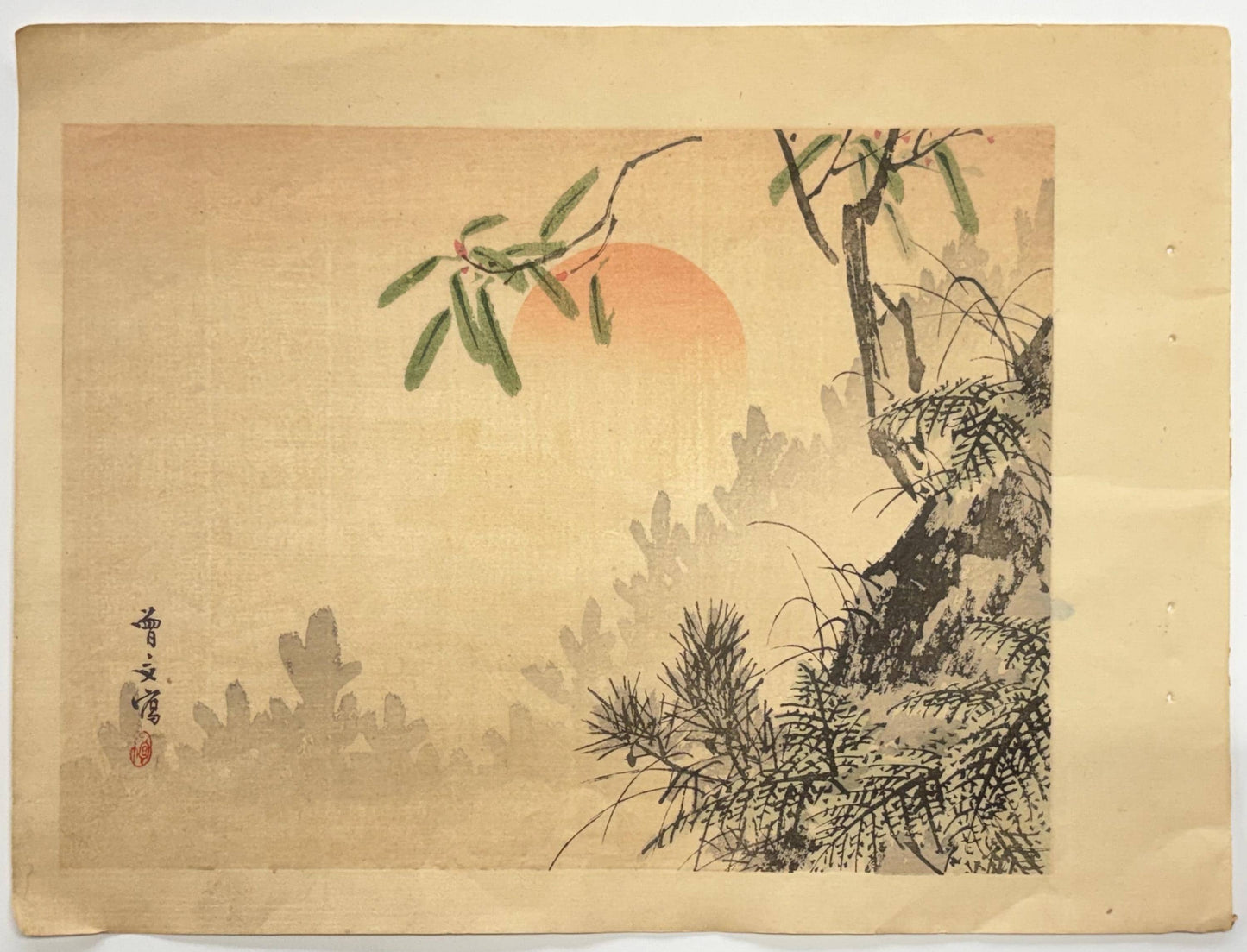 1908,  Japanese Woodblock print, antique, Morikawa Sobun, "spring sunshine and the rising sun".