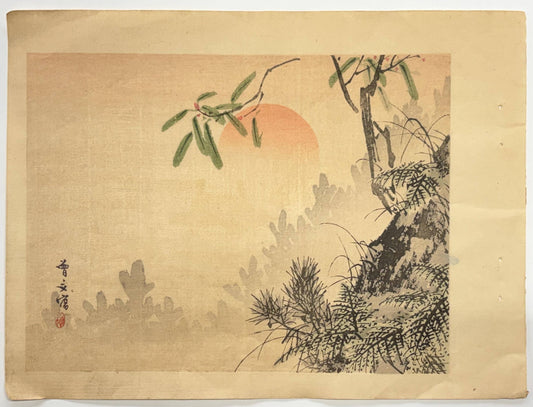 1908,  Japanese Woodblock print, antique, Morikawa Sobun, "spring sunshine and the rising sun".