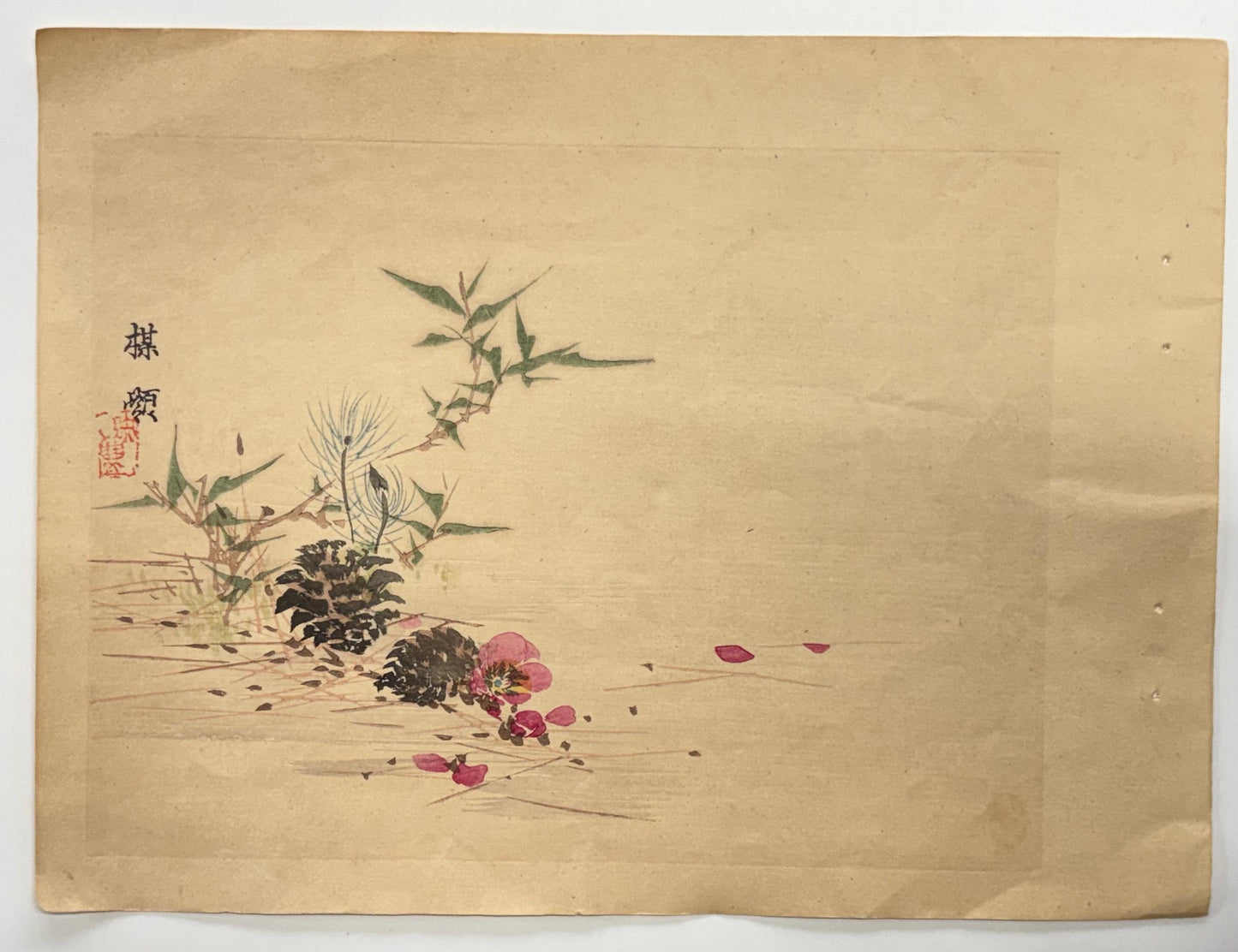 1908,  Japanese Woodblock print, Kono Bairei, "Three Blessings of Red and Green".