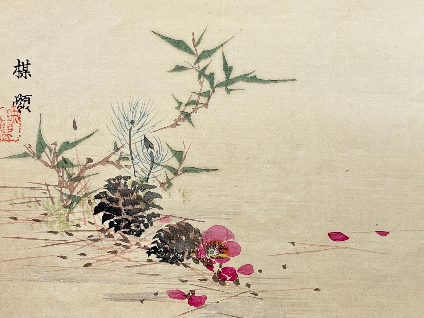 1908,  Japanese Woodblock print, antique, Kono Bairei, "Three Blessings of Red and Green".