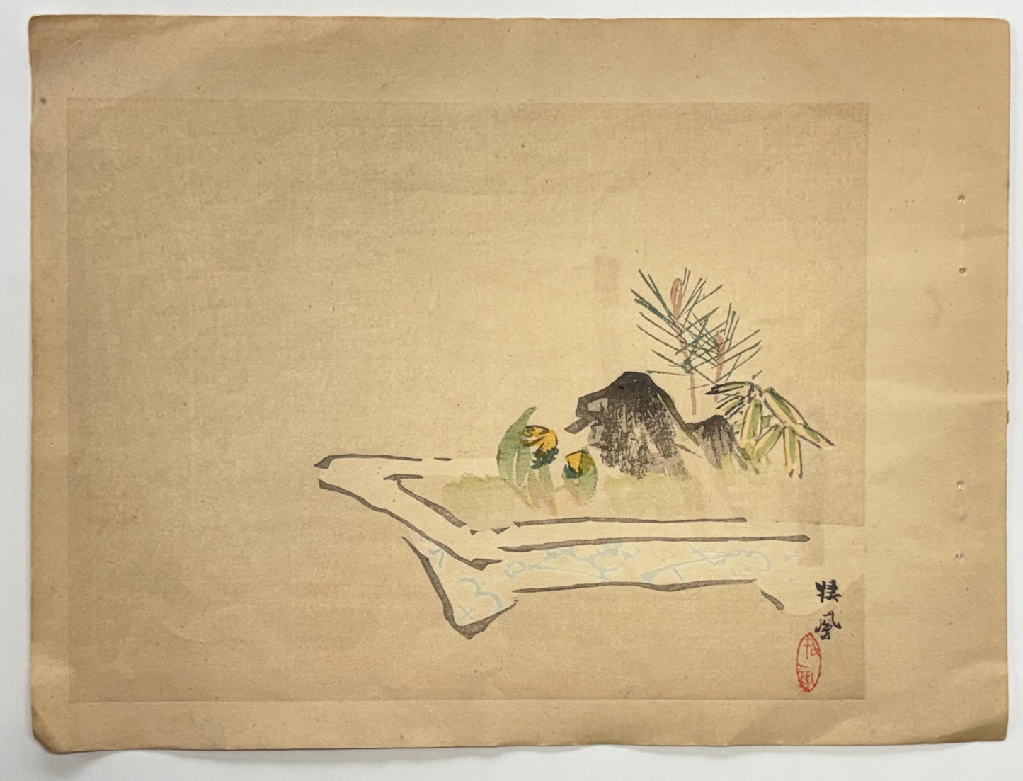 1908,  Japanese Woodblock print, antique, Takeuchi Seiho, "a picture of bonsai in early spring".