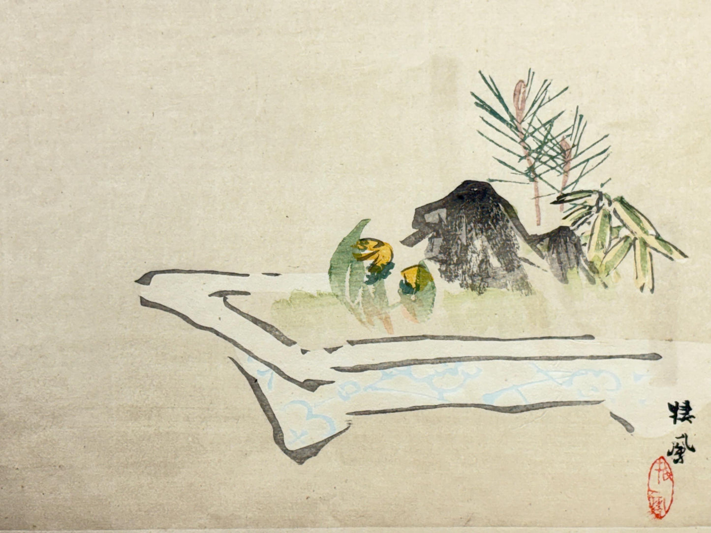 1908,  Japanese Woodblock print, antique, Takeuchi Seiho, "a picture of bonsai in early spring".