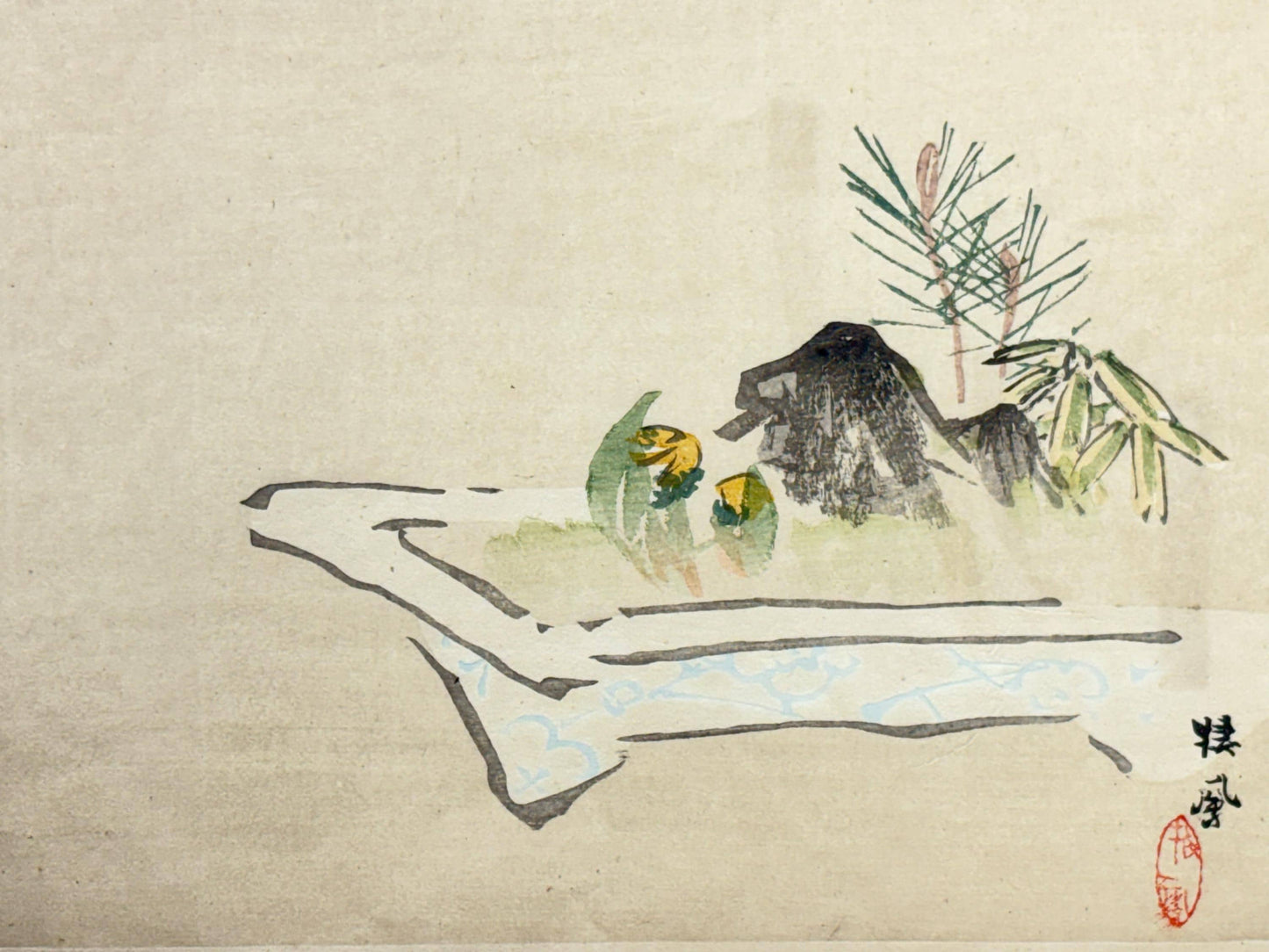 1908,  Japanese Woodblock print, Takeuchi Seiho, "a picture of bonsai in early spring".