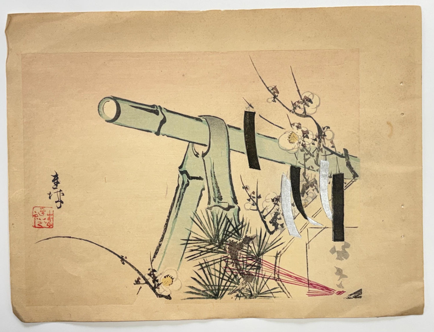1908,  Japanese Woodblock print, antique, Ichimi Renjo, "a gift of pine, bamboo, and plum".