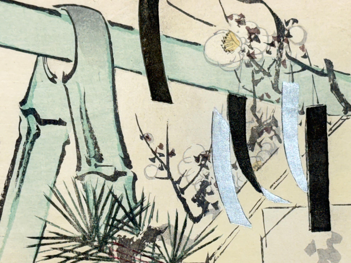 1908,  Japanese Woodblock print, antique, Ichimi Renjo, "a gift of pine, bamboo, and plum".