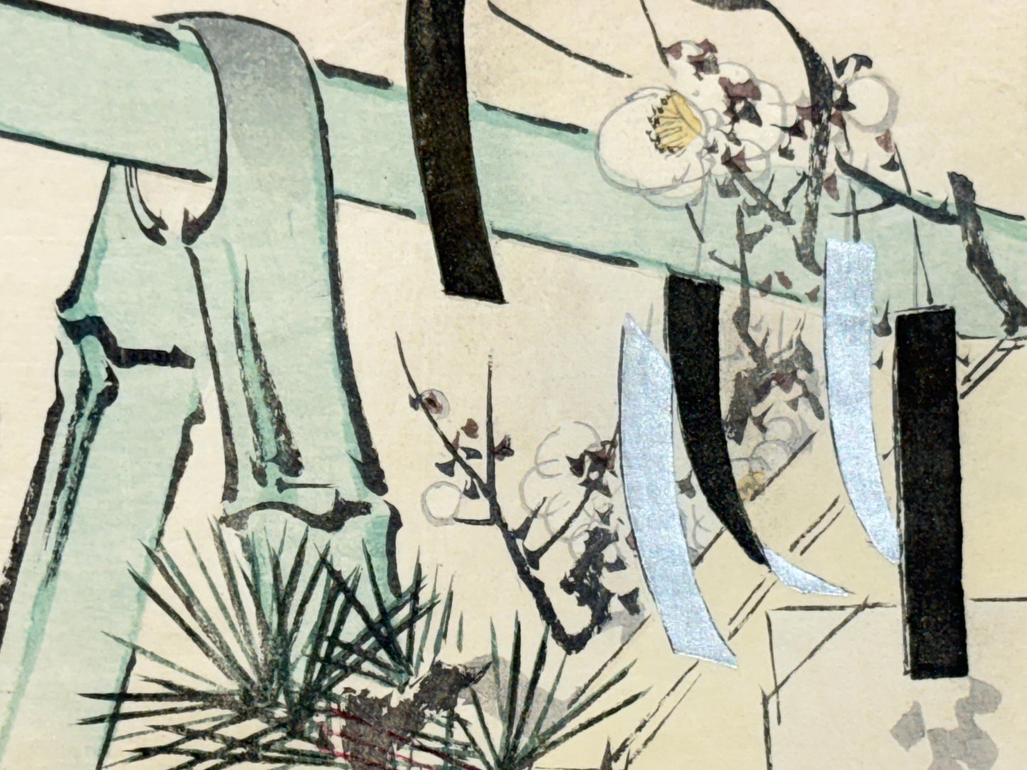 1908,  Japanese Woodblock print,  Kchimi Renjo, "a gift of pine, bamboo, and plum".