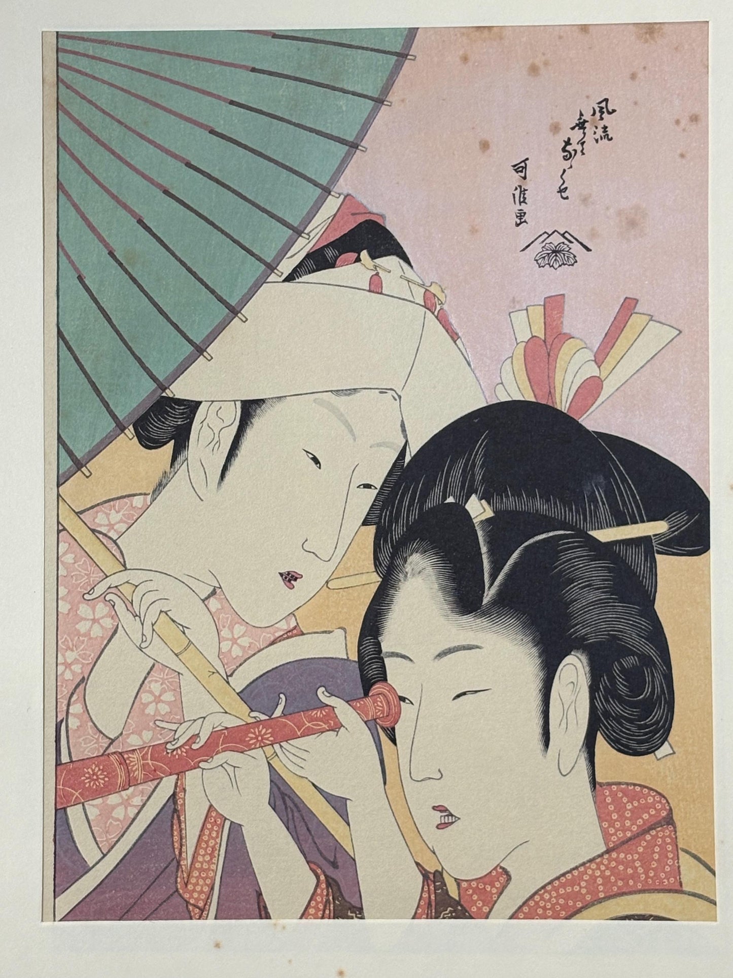 Japanese Ukiyo-e Woodblock print, Katsushika Hokusai, "A court lady and a young woman with the telescope of foreign made"