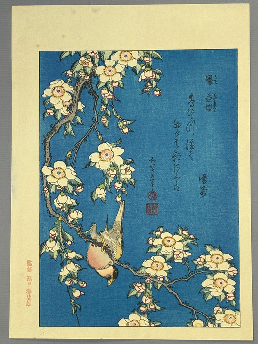 Japanese Ukiyo-e Woodblock print, Katsushika Hokusai, "A Bullfinch and A Dropping Cherry Tree"