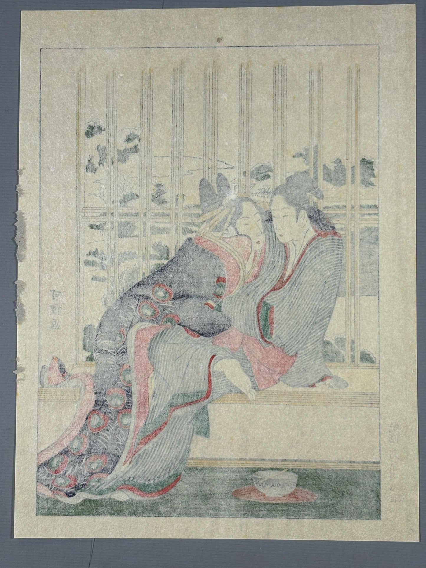 Japanese Ukiyoe, Woodblock print, Katsushika Hokusai, "Azuma and Yogoro in a snowy morning"