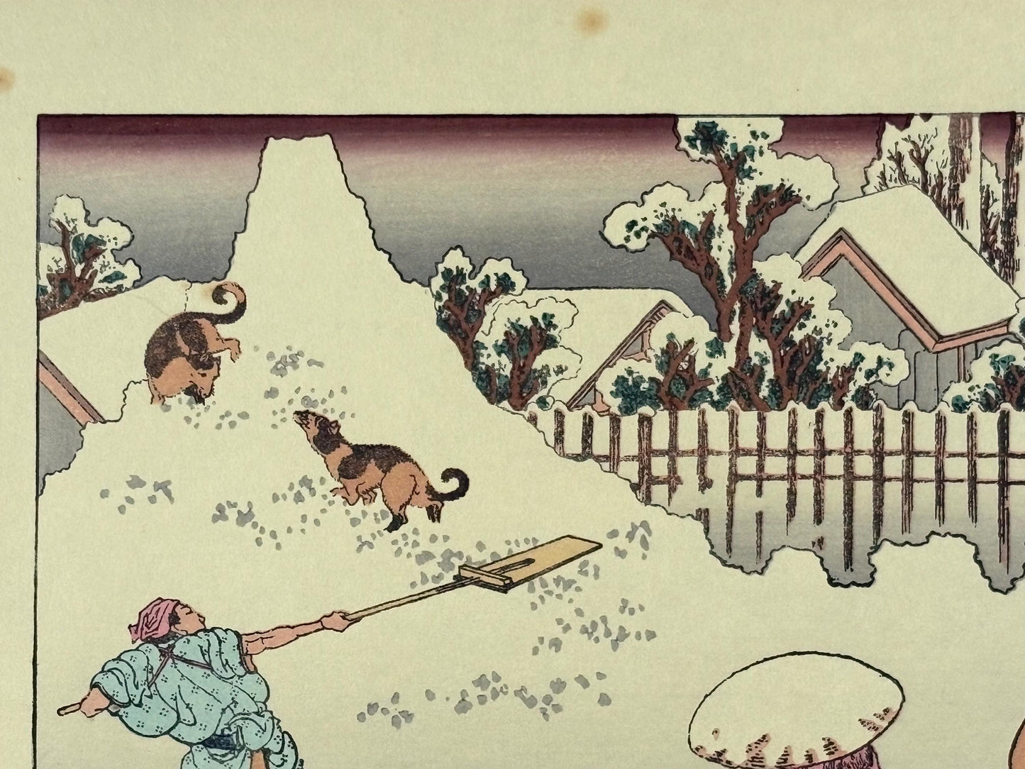 Japanese Ukiyoe, Woodblock print, Katsushika Hokusai, "A morning scenery in the downtown after a heavy snowfall"
