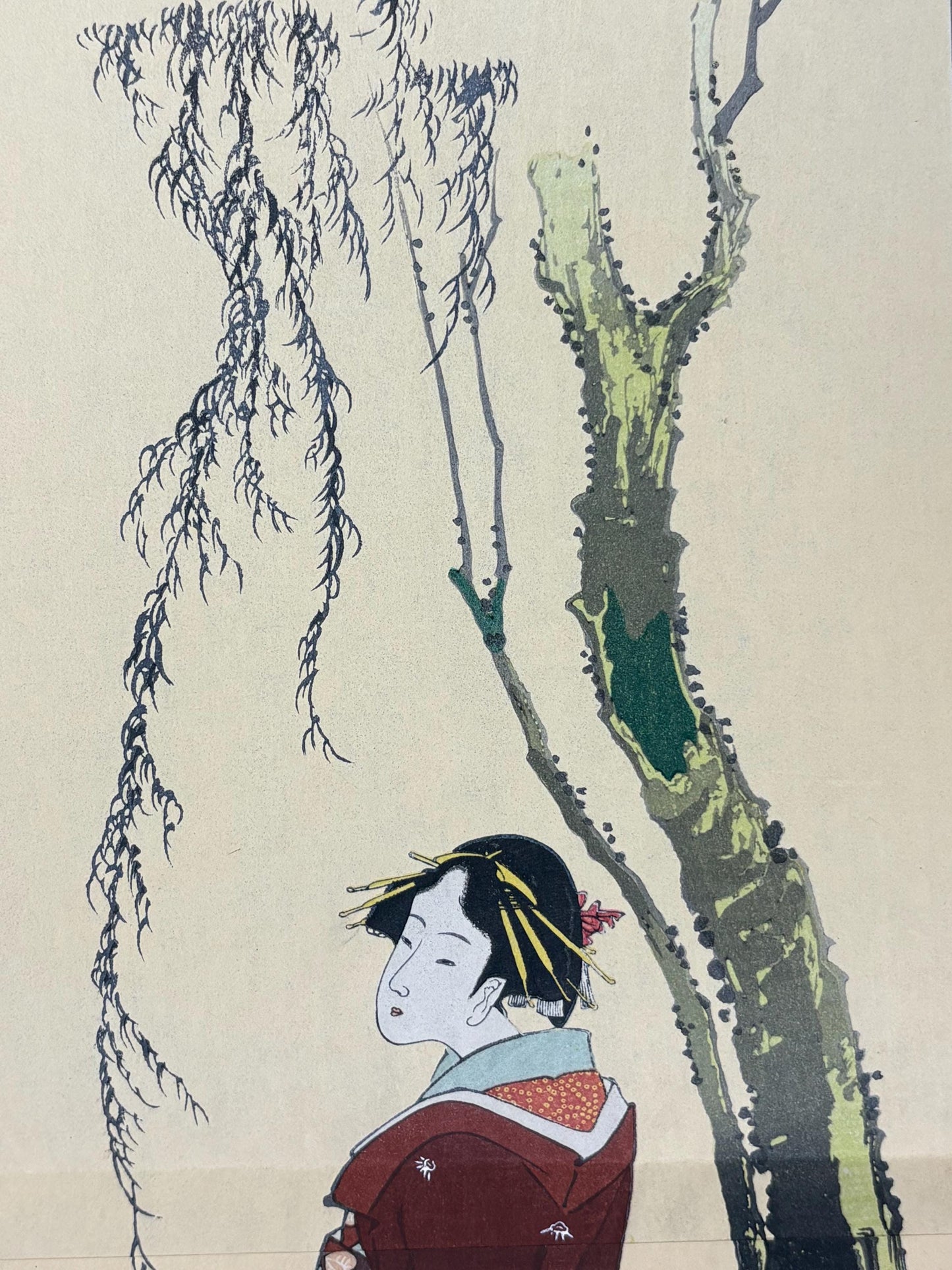 Japanese Ukiyoe, Woodblock print, Katsushika Hokusai, "A Beautiful Woman beneath a Willow Tree"