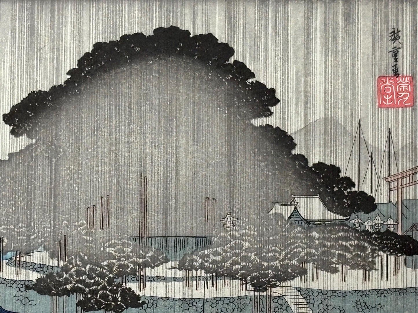 Japanese Ukiyoe, Woodblock print, antique, Hiroshige, "Night Rain at Karasaki"