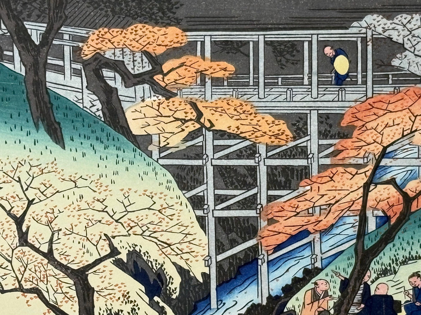 Japanese Ukiyoe, Woodblock print, antique, Hiroshige, "Red Maple Trees at the Tsûtenkyô Bridge"