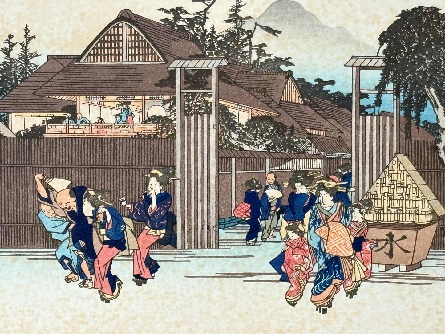 Japanese Ukiyoe, Woodblock print, antique, Hiroshige, "The Willow Tree at the Gate of the Shimabara Pleasure Quarrter"