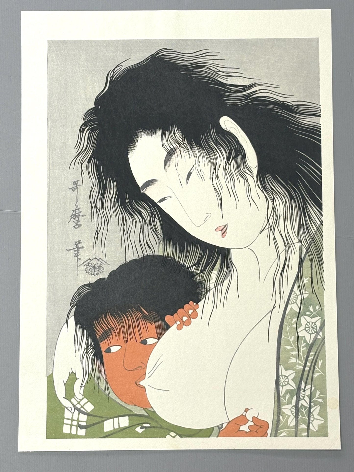 Japanese Ukiyo-e Woodblock print, Utamaro, "Kintaro & the Mountain Witch"