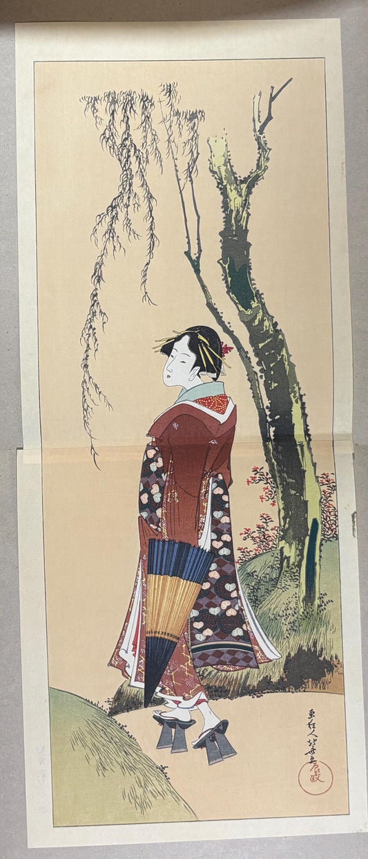 Japanese Ukiyoe, Woodblock print, Katsushika Hokusai, "A Beautiful Woman beneath a Willow Tree"