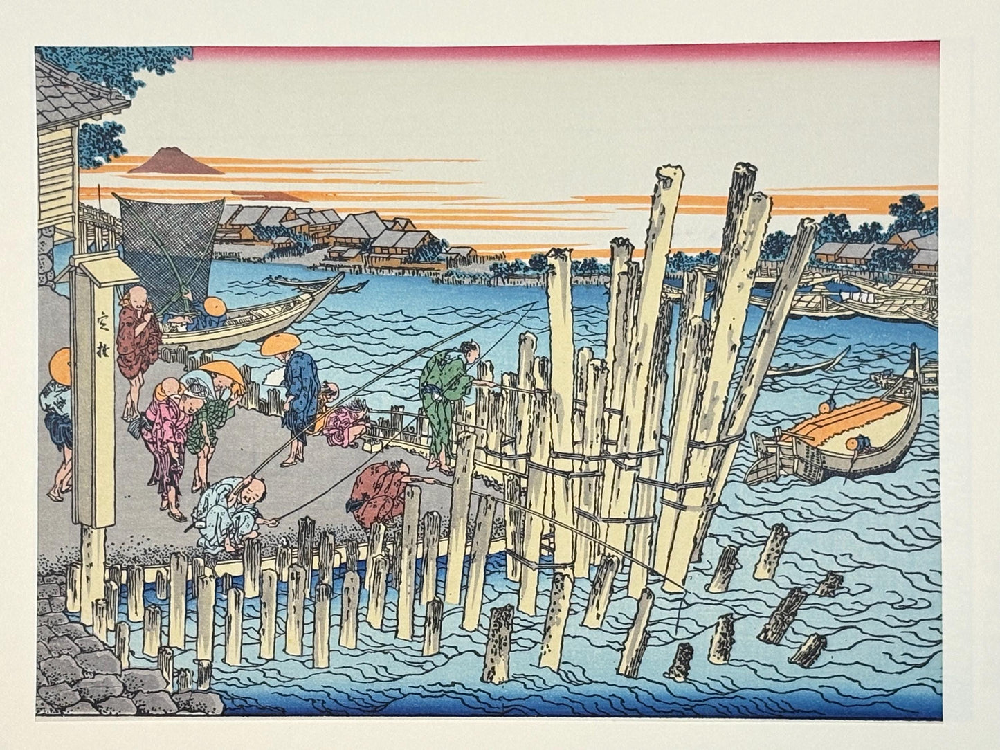 Japanese Ukiyoe, Woodblock print, Katsushika Hokusai, "Scenery at Shimada on the bank of Sumida river"
