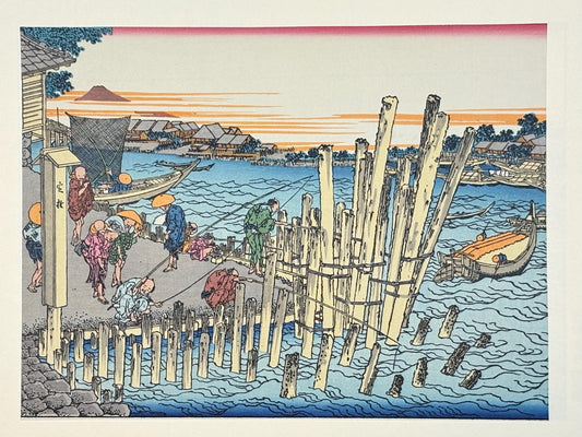 Japanese Ukiyoe, Woodblock print, Katsushika Hokusai, "Scenery at Shimada on the bank of Sumida river"