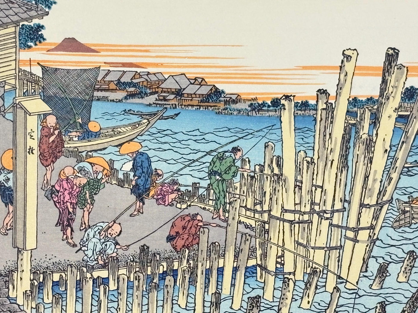 Japanese Ukiyoe, Woodblock print, Katsushika Hokusai, "Scenery at Shimada on the bank of Sumida river"
