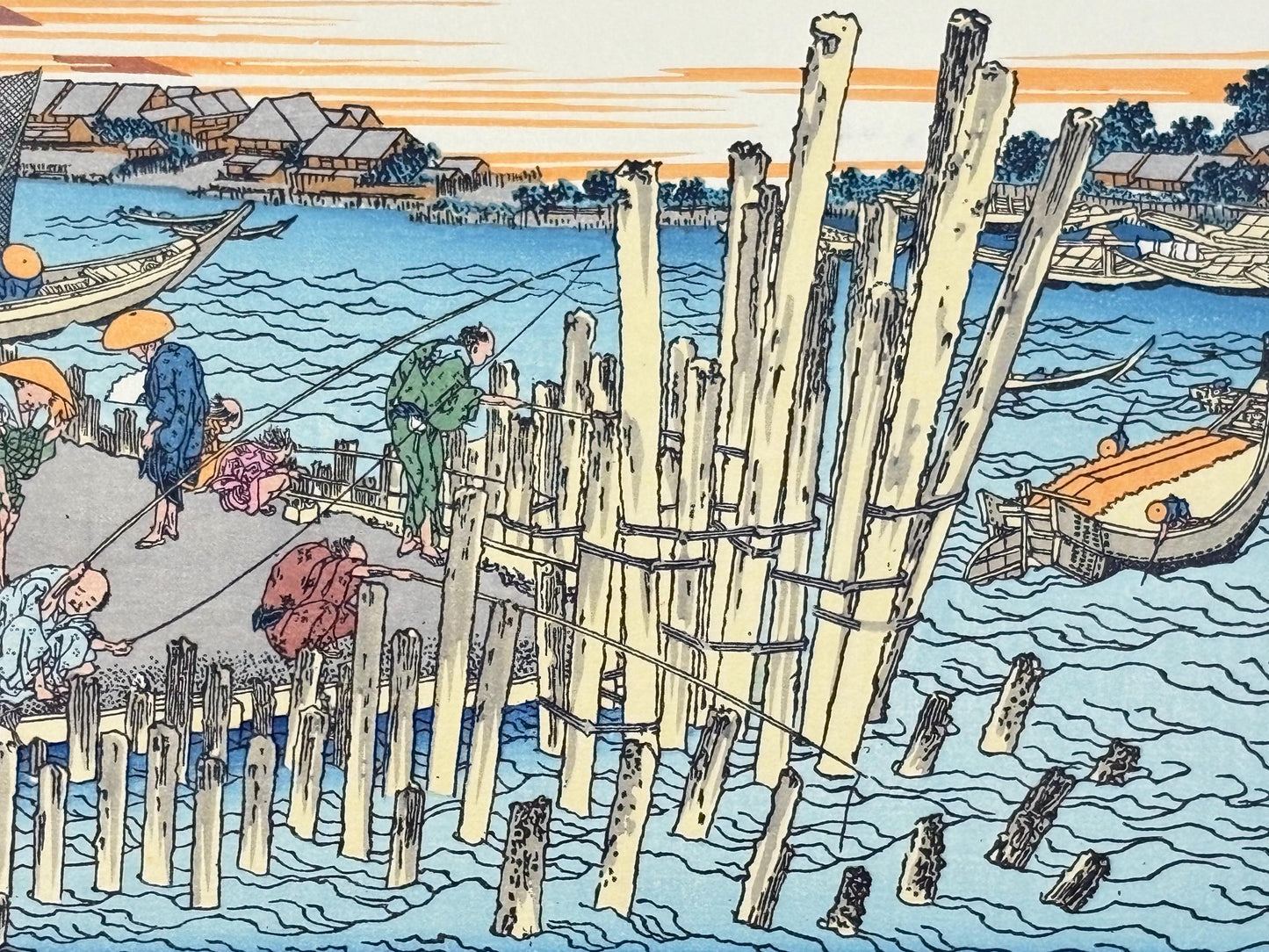 Japanese Ukiyoe, Woodblock print, Katsushika Hokusai, "Scenery at Shimada on the bank of Sumida river"