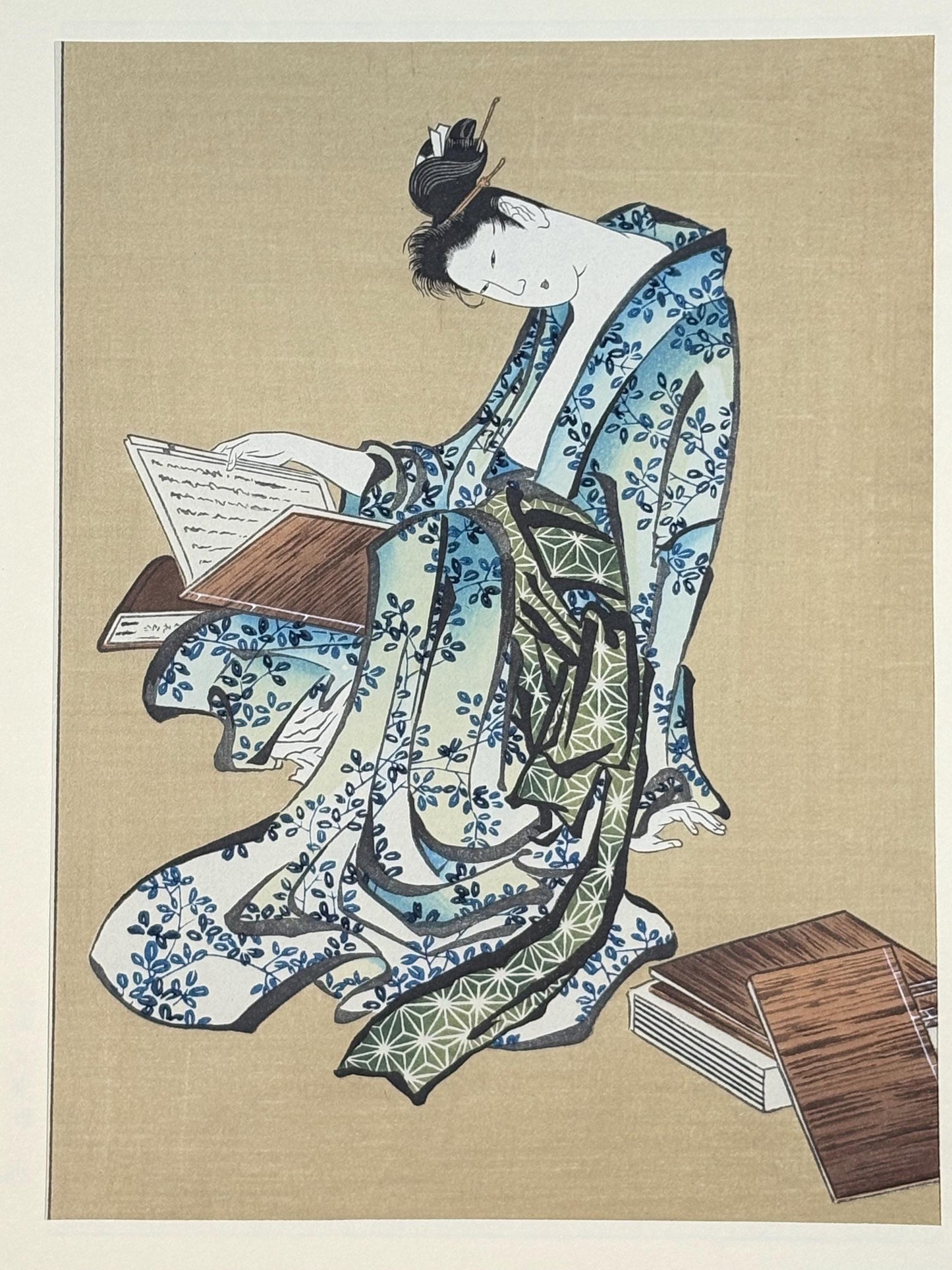 Japanese Ukiyoe, Woodblock print, Katsushika Hokusai, "A book-reading ripe beauty"
