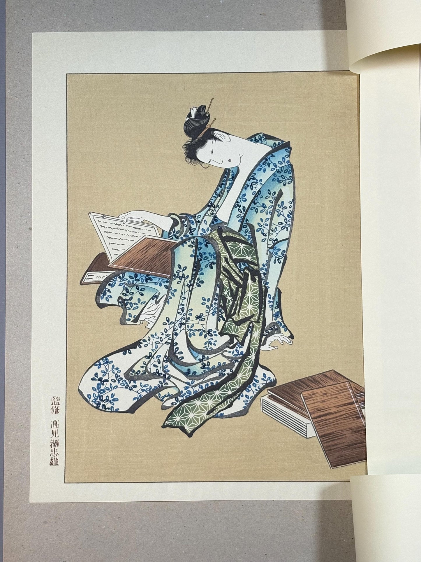 Japanese Ukiyoe, Woodblock print, Katsushika Hokusai, "A book-reading ripe beauty"