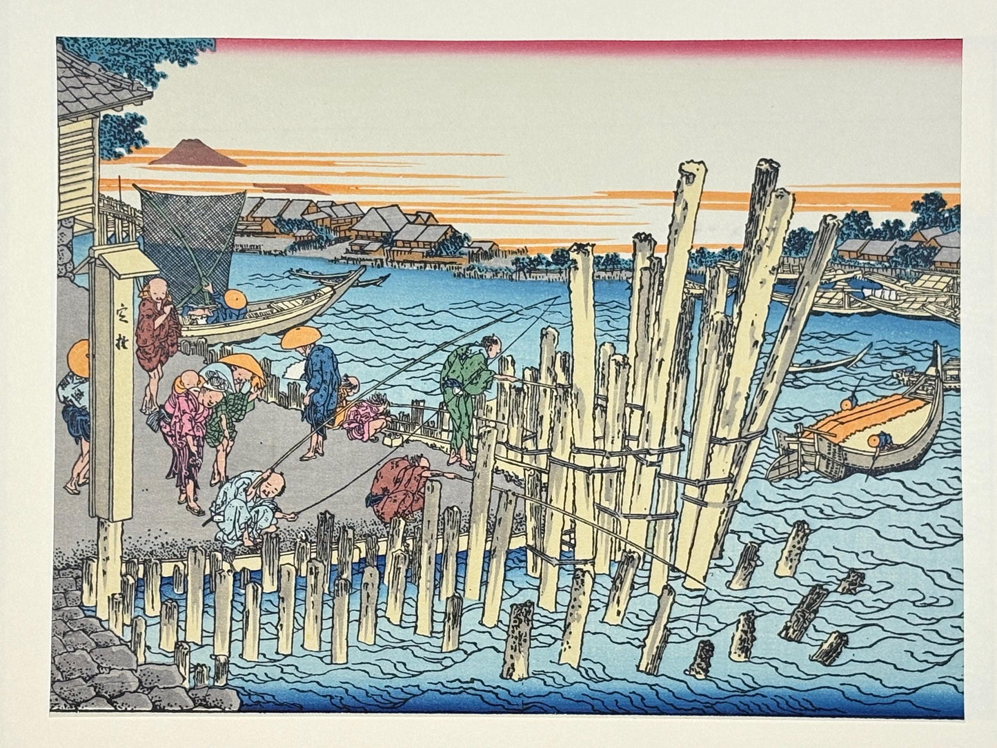 Japanese Ukiyoe, Woodblock print, Katsushika Hokusai, "Scenery at Shimada on the bank of Sumida river"
