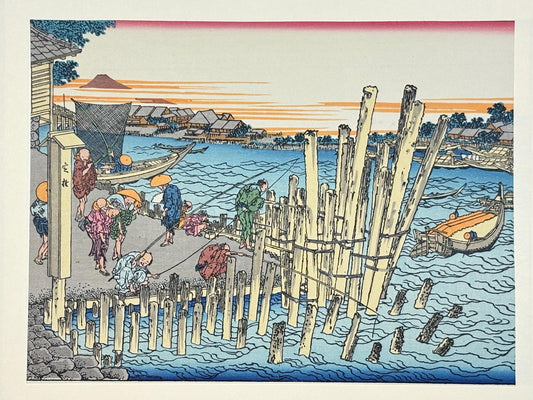 Japanese Ukiyoe, Woodblock print, Katsushika Hokusai, "Scenery at Shimada on the bank of Sumida river"
