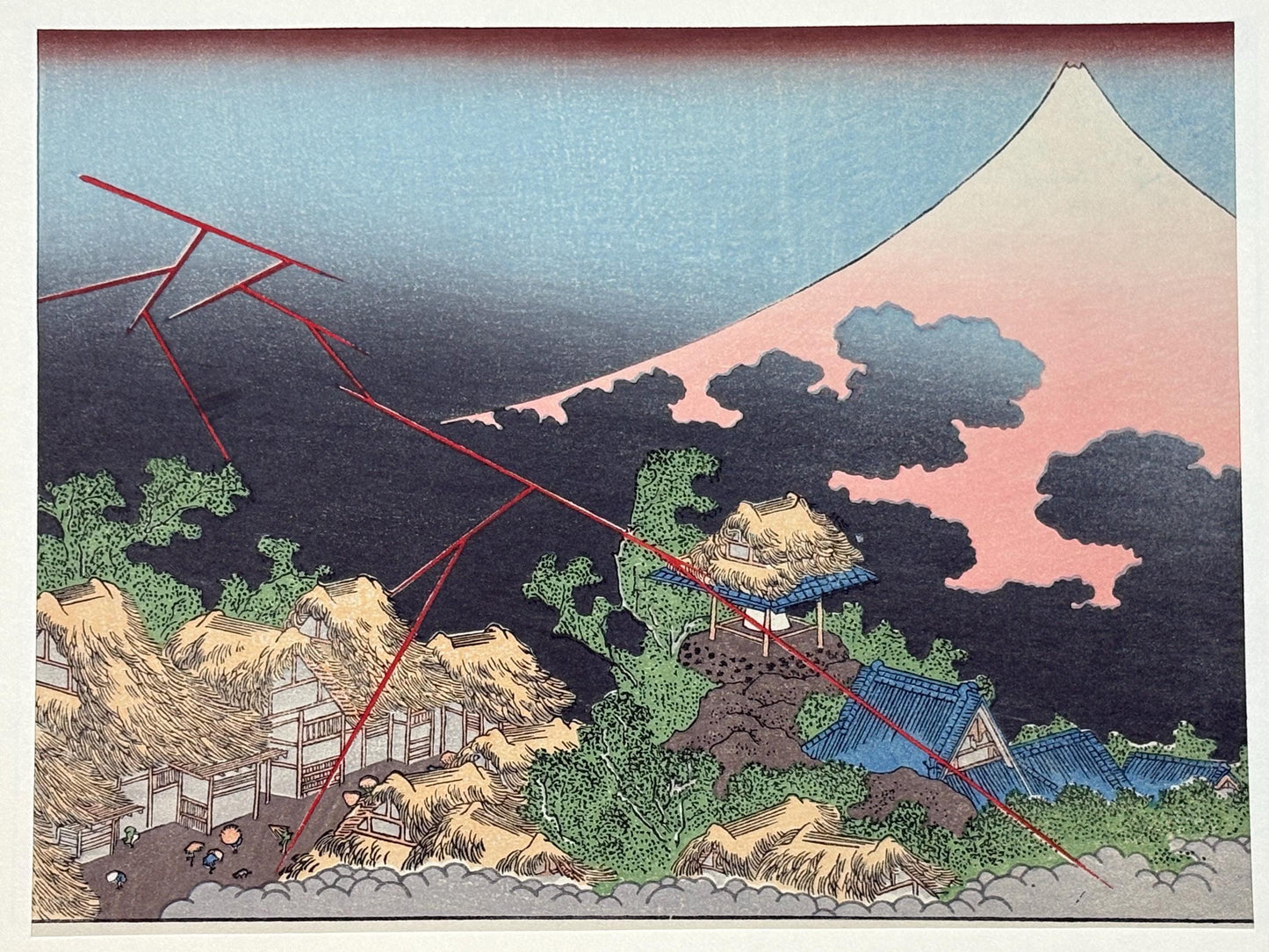 Japanese Ukiyoe, Woodblock print, Katsushika Hokusai, "Mt.fuji in evening shower"