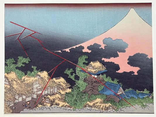 Japanese Ukiyoe, Woodblock print, Katsushika Hokusai, "Mt.fuji in evening shower"