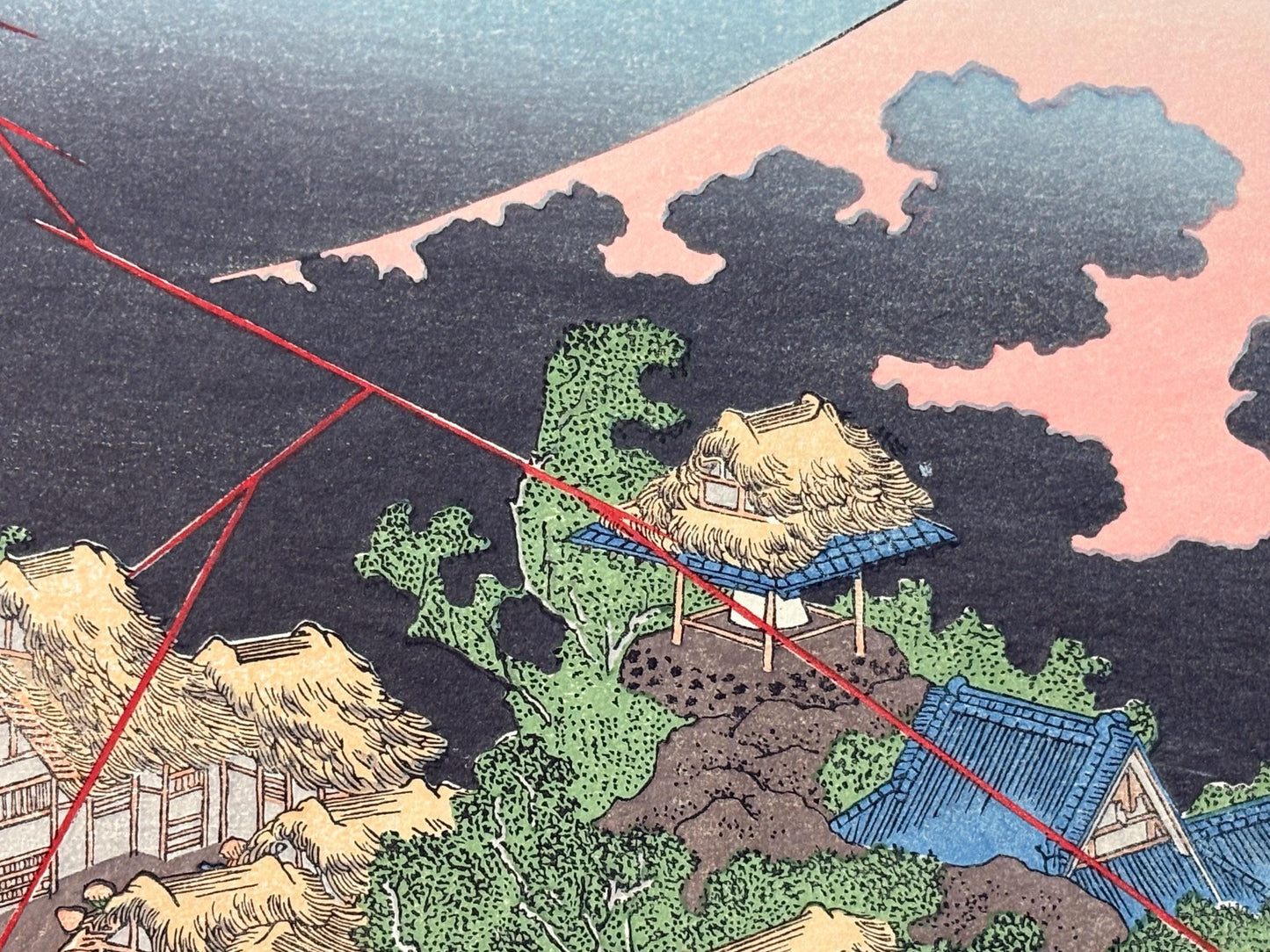 Japanese Ukiyoe, Woodblock print, Katsushika Hokusai, "Mt.fuji in evening shower"