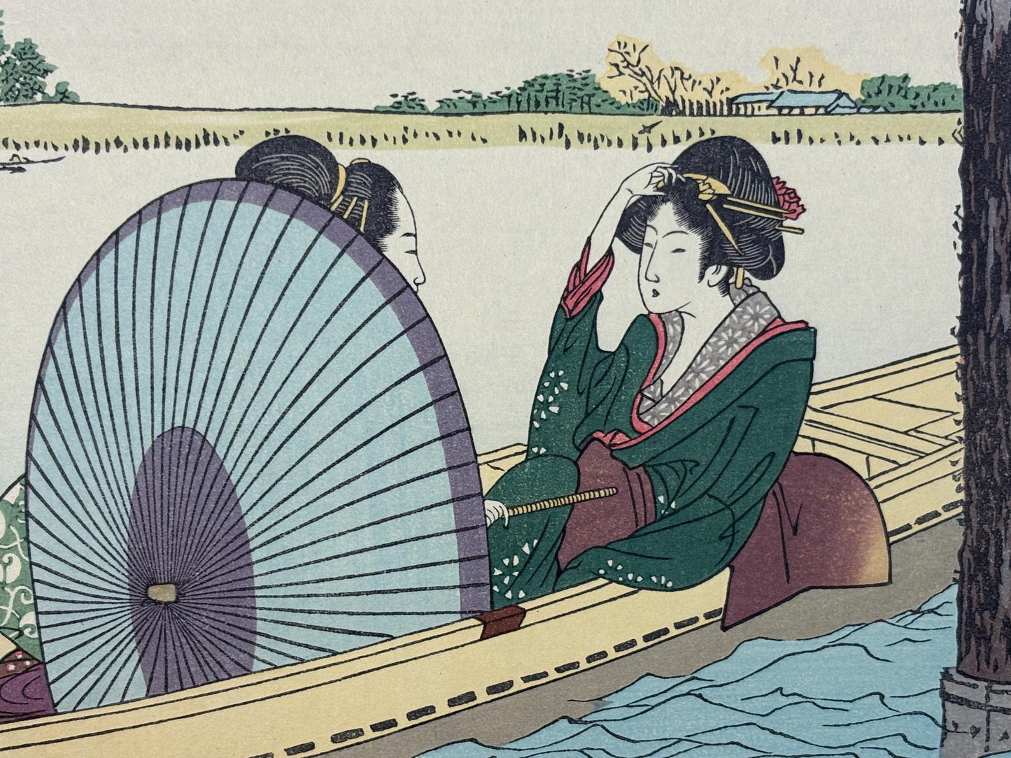 Japanese Ukiyoe, Woodblock print, Katsushika Hokusai, "The belles on boating under a bridge"