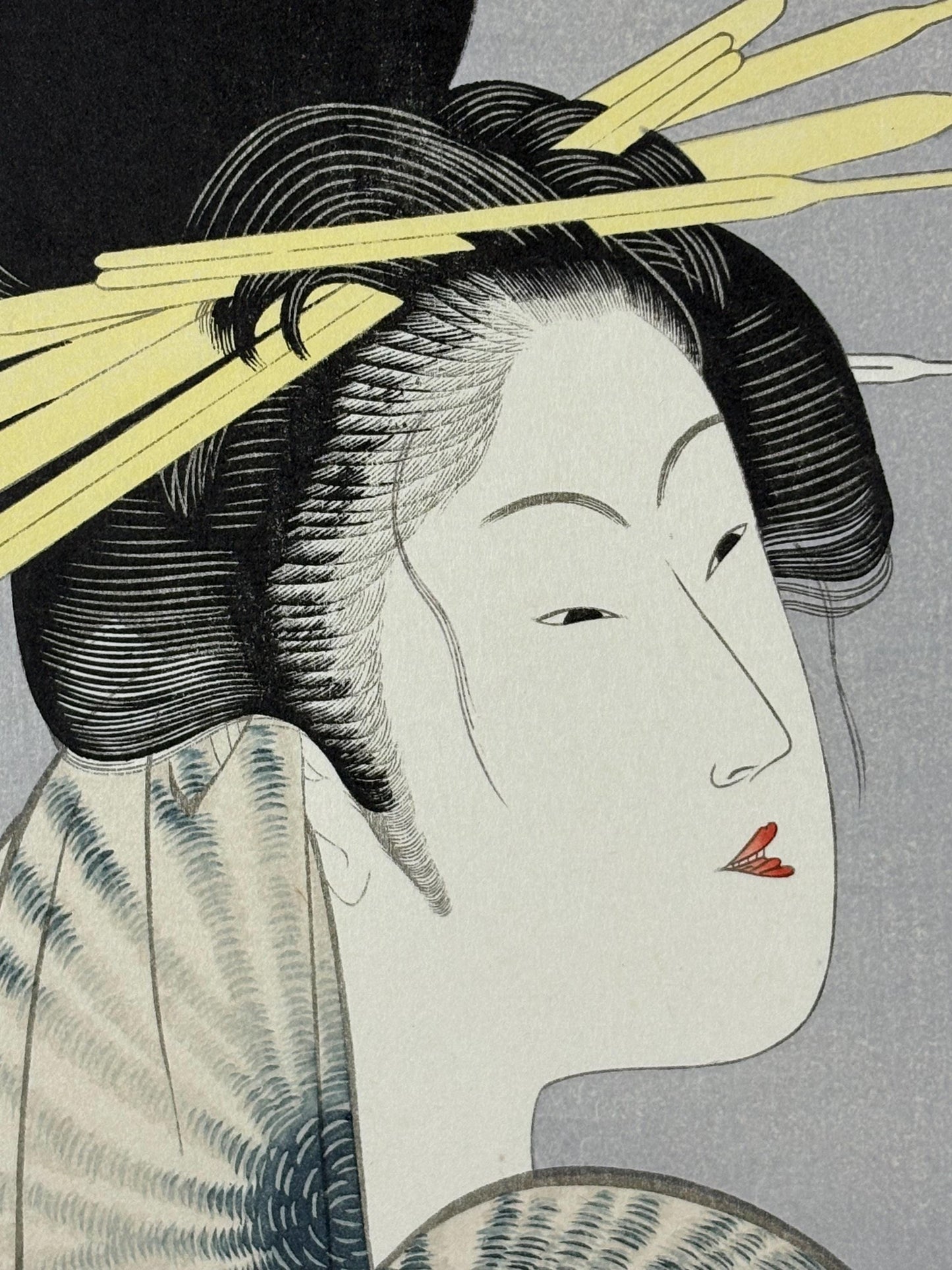 Japanese Ukiyo-e Woodblock print, Utamaro, "The Courtesan, Takigawa of the Ogiya"