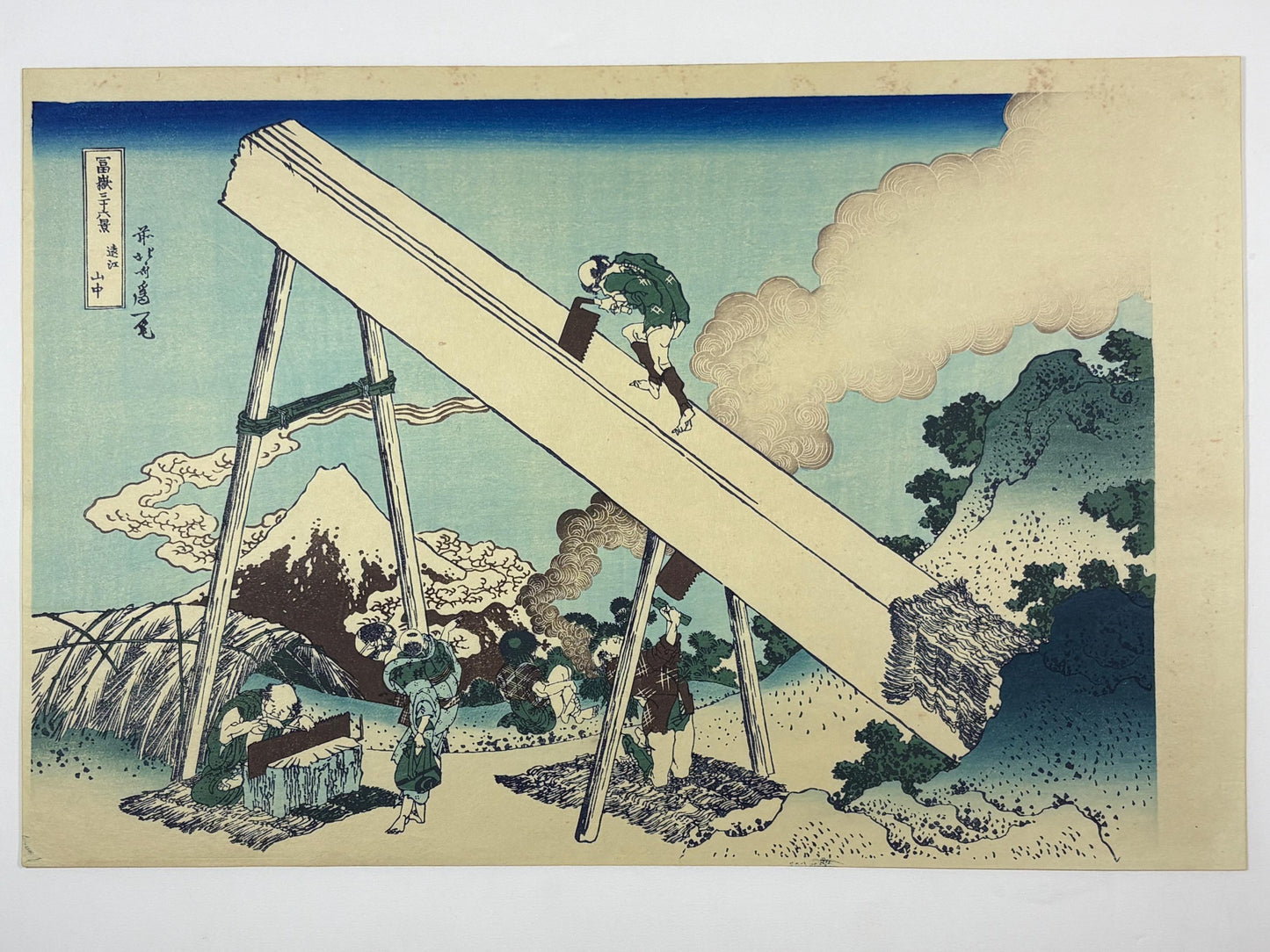 Japanese Ukiyo-e, Woodcut print, Hokusai, "Mount Fuji from the mountains of Tōtōmi"