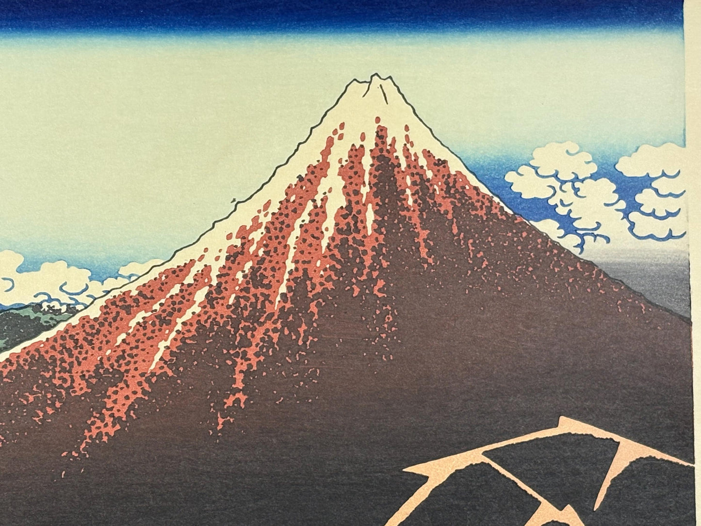Japanese Ukiyo-e Woodblock print, Hokusai, "Rainstorm Beneath the Summit"