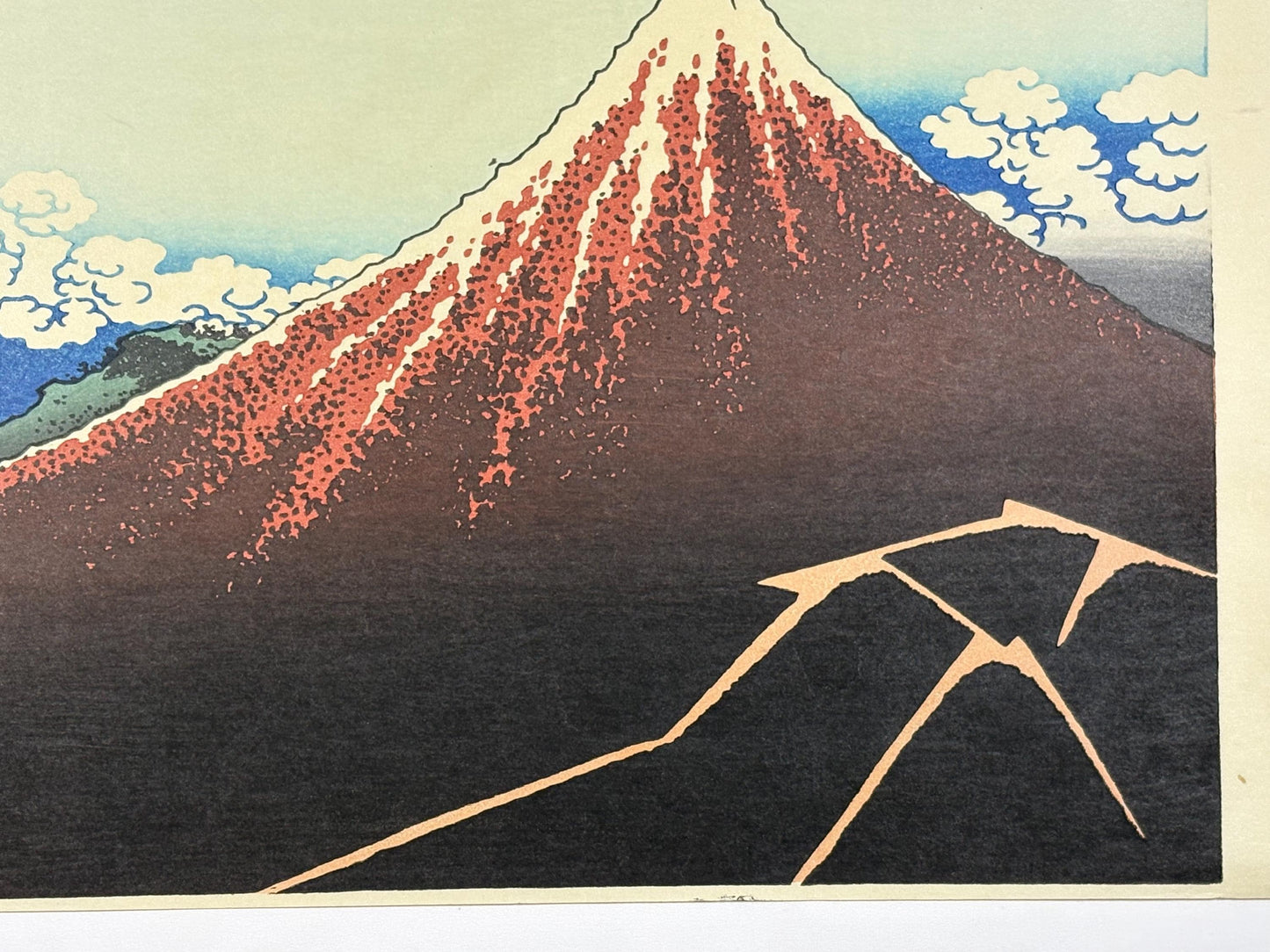 Japanese Ukiyo-e Woodblock print, Hokusai, "Rainstorm Beneath the Summit"